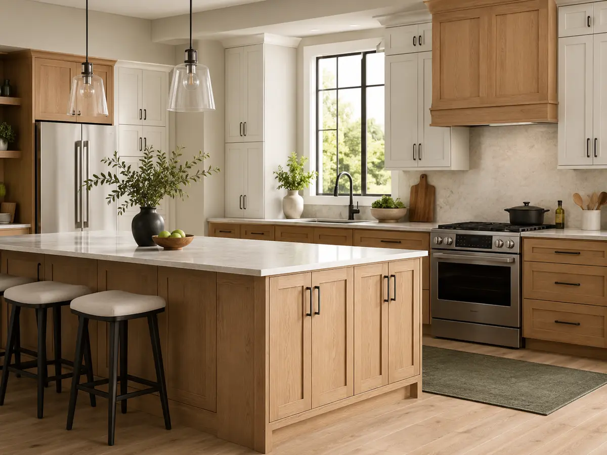 Warm white and wood kitchen cabinetry