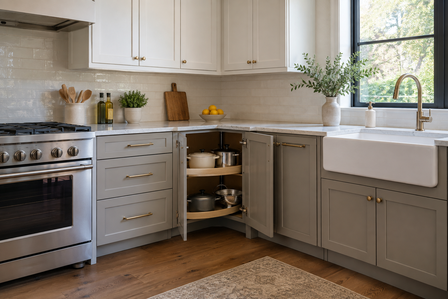 Installed corner base cabinet storage